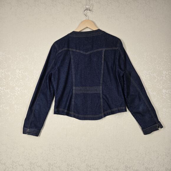 VTG Live A Little Denim Jacket sz L Blue Snap Front Pockets Fitted Top Stitched - Picture 10 of 16
